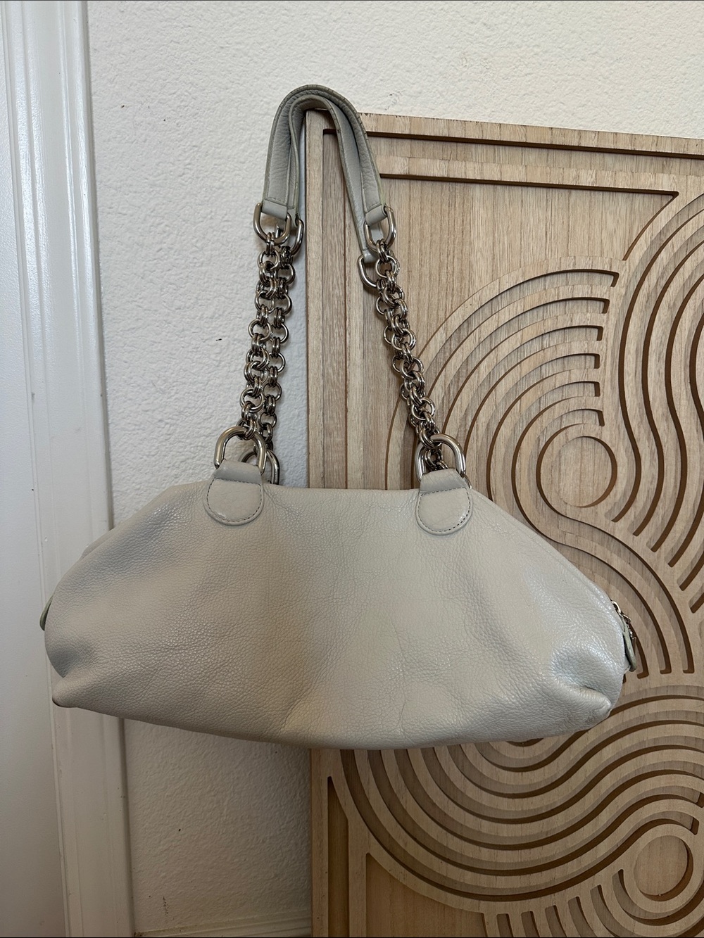 Donald J. Pliner Pebbled Leather Shoulder Bag in Light Cream with Chain Straps